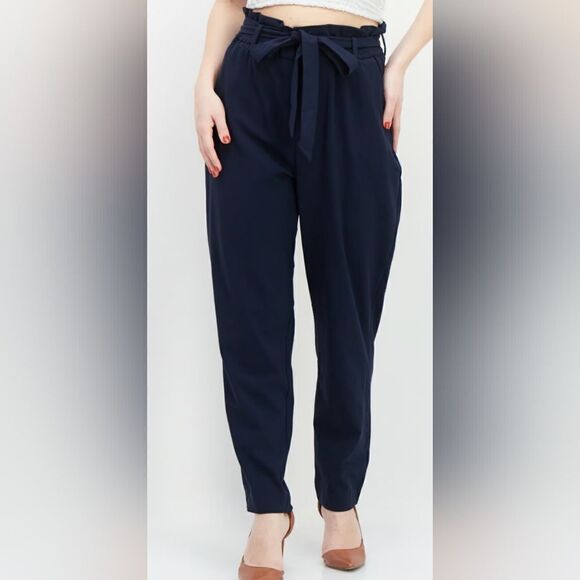 Elle M Black Belted Waist Elegant Tapered Leg Plaited Women’s Dress Pants - Picture 1 of 12